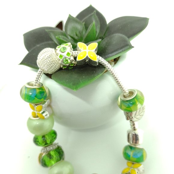 Green, Yellow, Blue  Large Glass Bead Snake Chain Bracelet - Picture 2 of 9